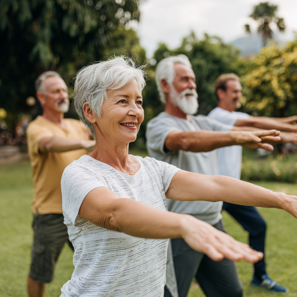 Group of middle-aged and older adults doing gentle mobility exercises outdoors