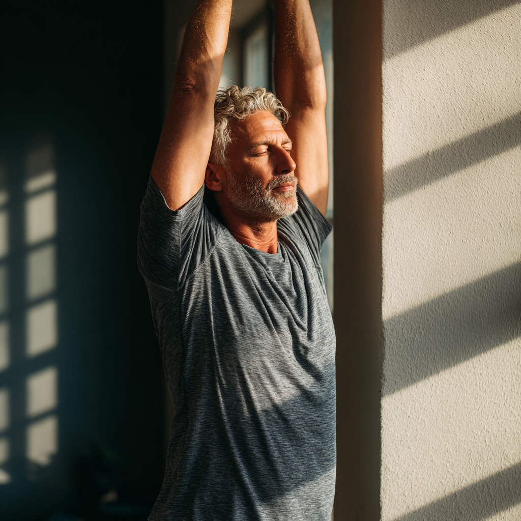 Middle-aged adult practicing gentle stretching exercises in natural light